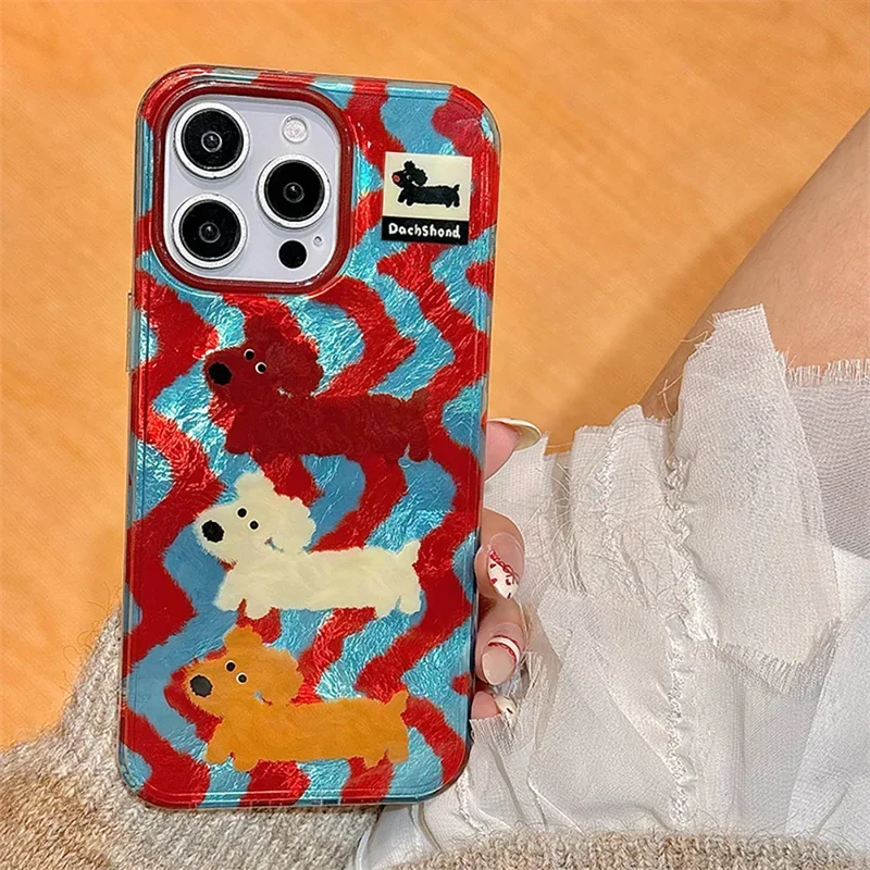 Korean Cute Dog Stripes Gradient Phone Case for IPhone 17 16 15 14 13 11 12 Pro Max Plus Lovely Puppy Vortex Pattern Cover Funda