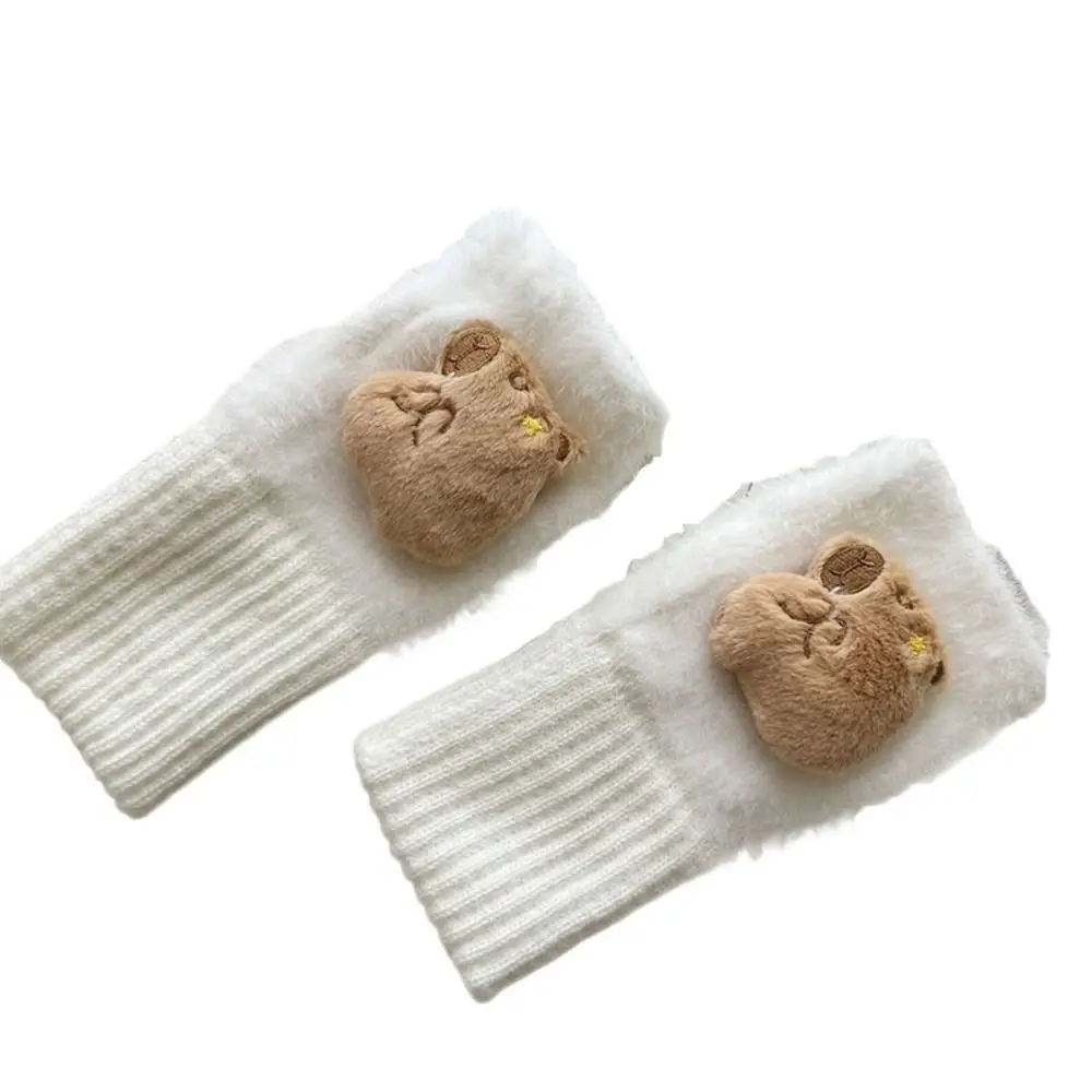 

Soft Half Finger Capybara Knitted Gloves Touch Screen Solid Color Winter Velvet Gloves Keep Warm Fingerless Plush Gloves Ladies