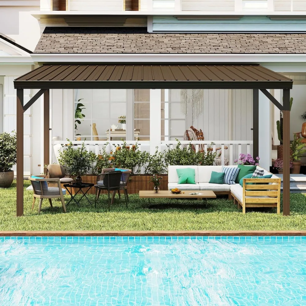 

10x14FT Lean-to Hardtop Wall Gazebo Galvanized Sloped Steel Roof Drainage Deck Porch Backyard,Customized