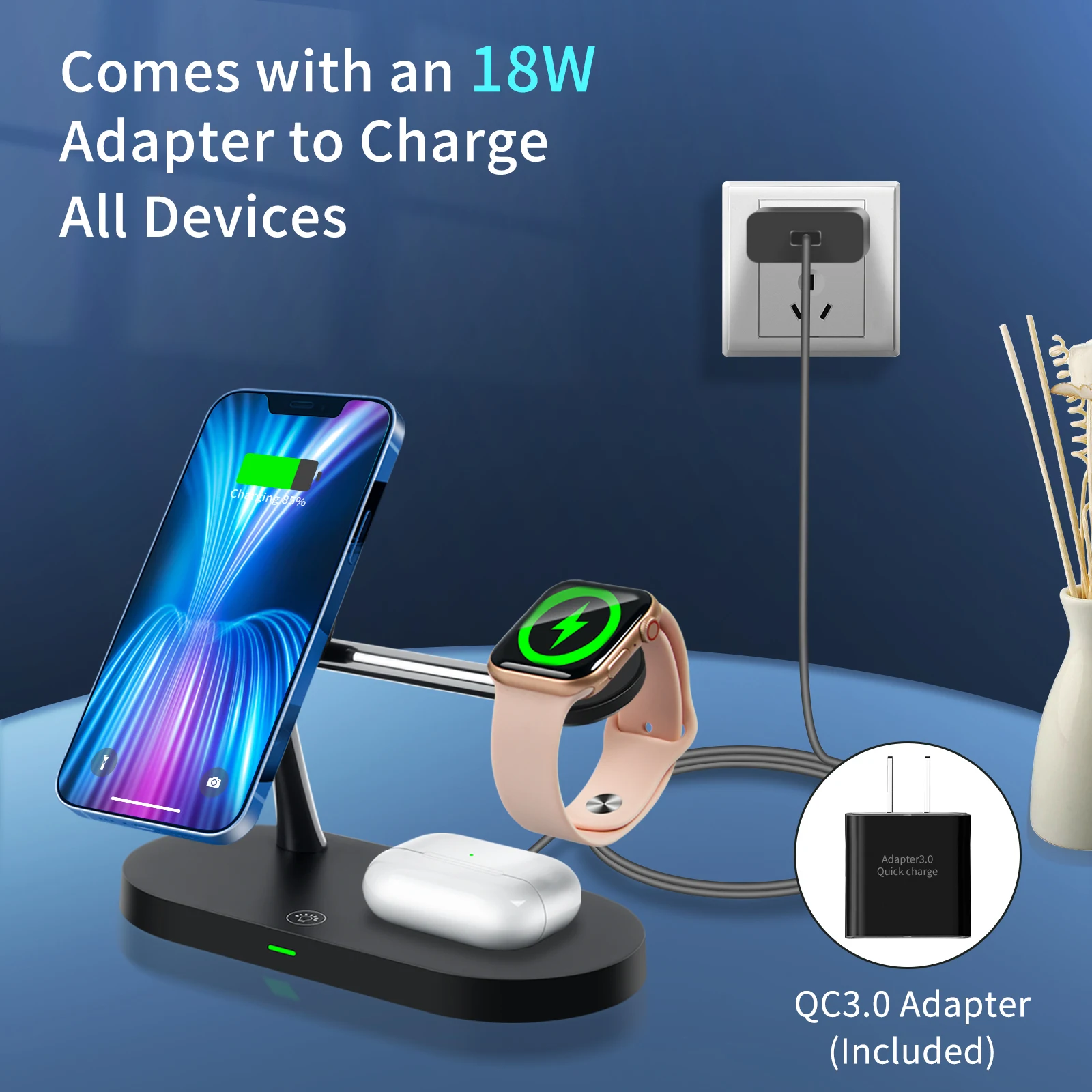 15W 3 in 1 Qi Wireless Charger Stand For iPhone 13 12 11 XS XR 8 Fast Charging Dock Station for Airpods Pro Apple Watch iWatch 7