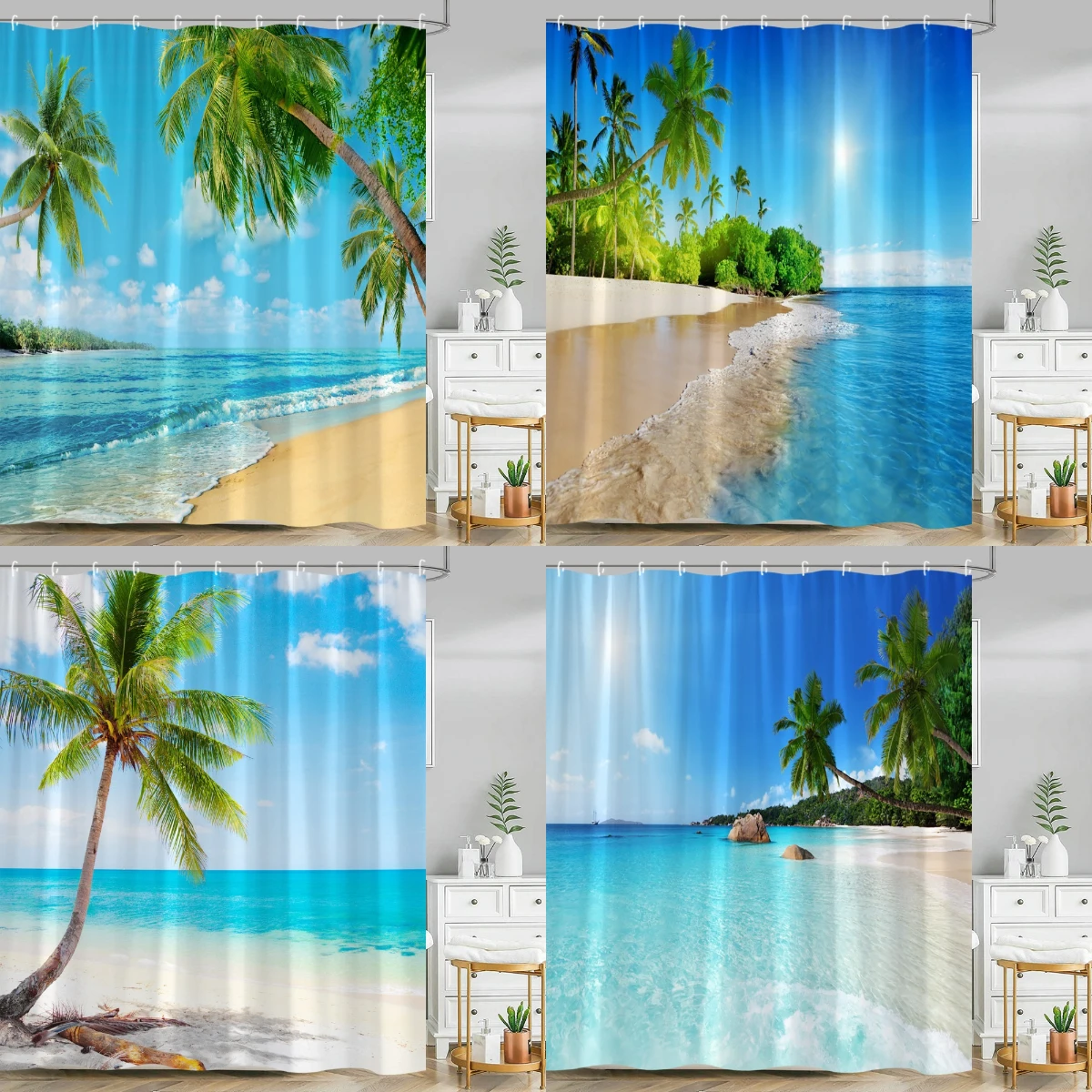 

Ocean Beach Shower Curtain Modern 3D Seaside Sunshine Tropical Plants Natural Scenery Outdoor Polyester Fabric Bathroom Decor