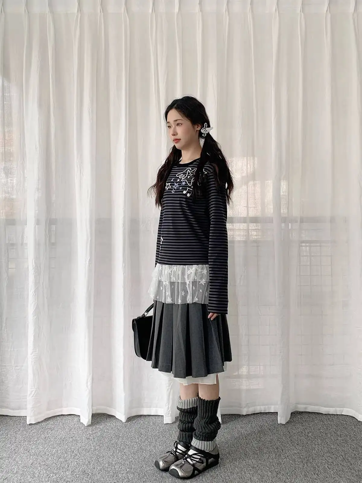 Y Demo Y2k-Camiseta de manga larga con estampado de estrellas a rayas y retazos de encaje para mujer, Camiseta larga empalmada de malla