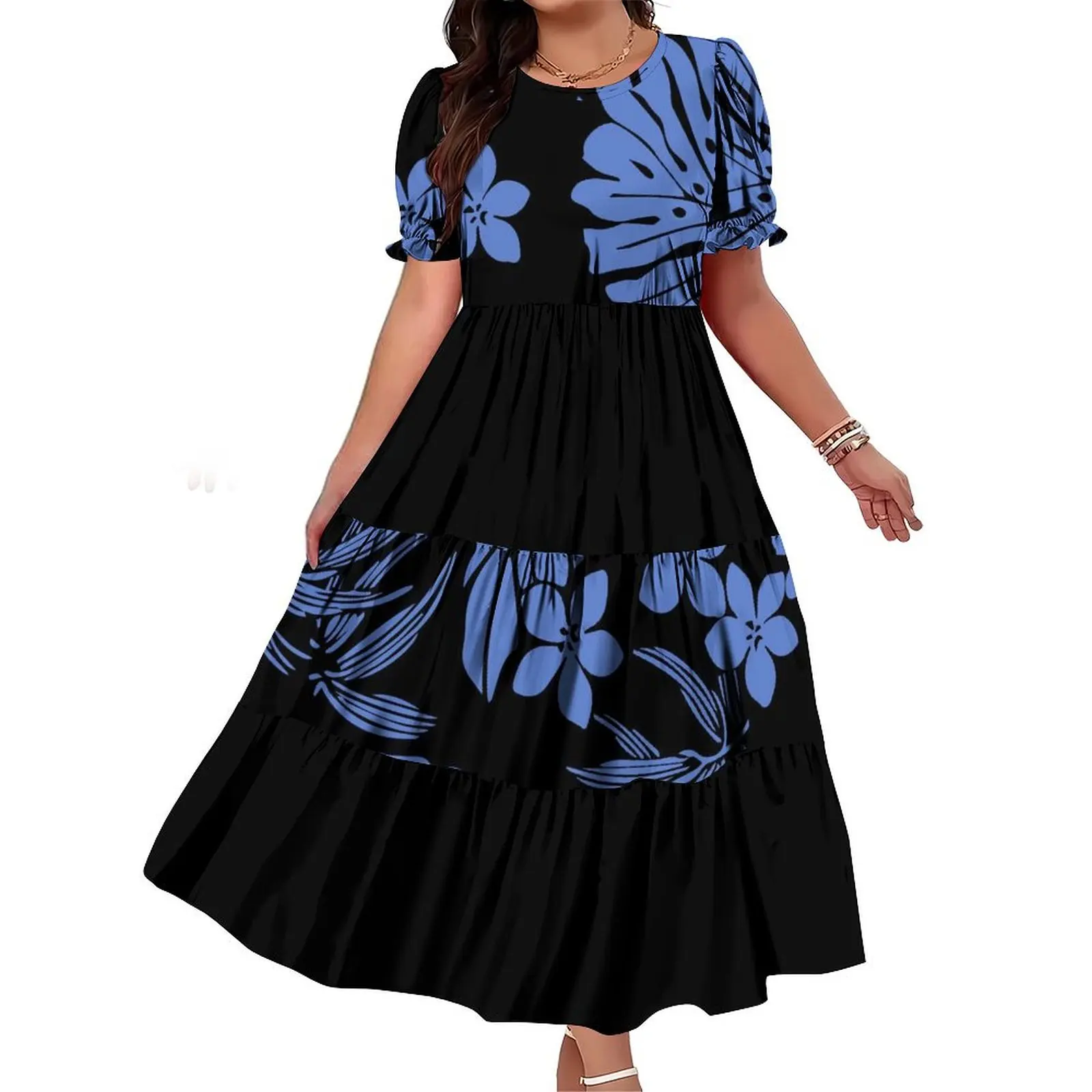 

High Quality Custom Ladies Puff Sleeve Dress Samoan Polynesian Tribal Print Ruffle Tiered Dress Easter Island O-Neck Maxi Dress