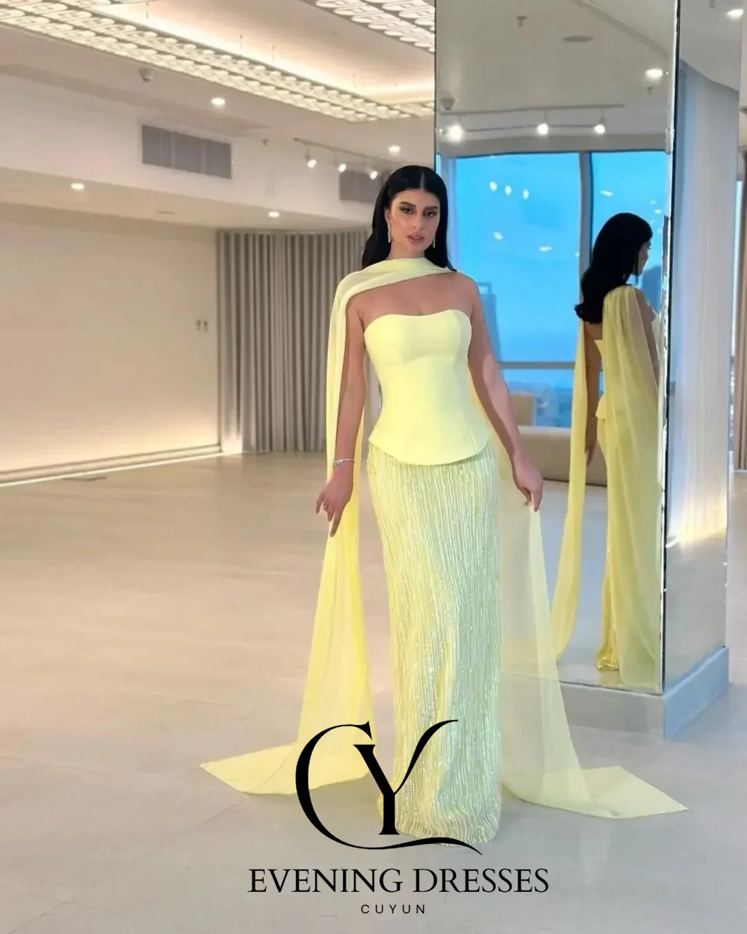 Cuyun amarelo luxo feminino vestido de noite 2025 personalizado sem alças miçangas vestido de baile com xale elegante vestido de festa árabe saudita