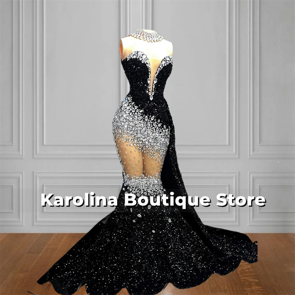 Black Velvet Sequin Sweetheart Long Mermaid Prom Dress Beaded Rhinestones Mesh Wedding Party Gown Birthday Dresses Customized