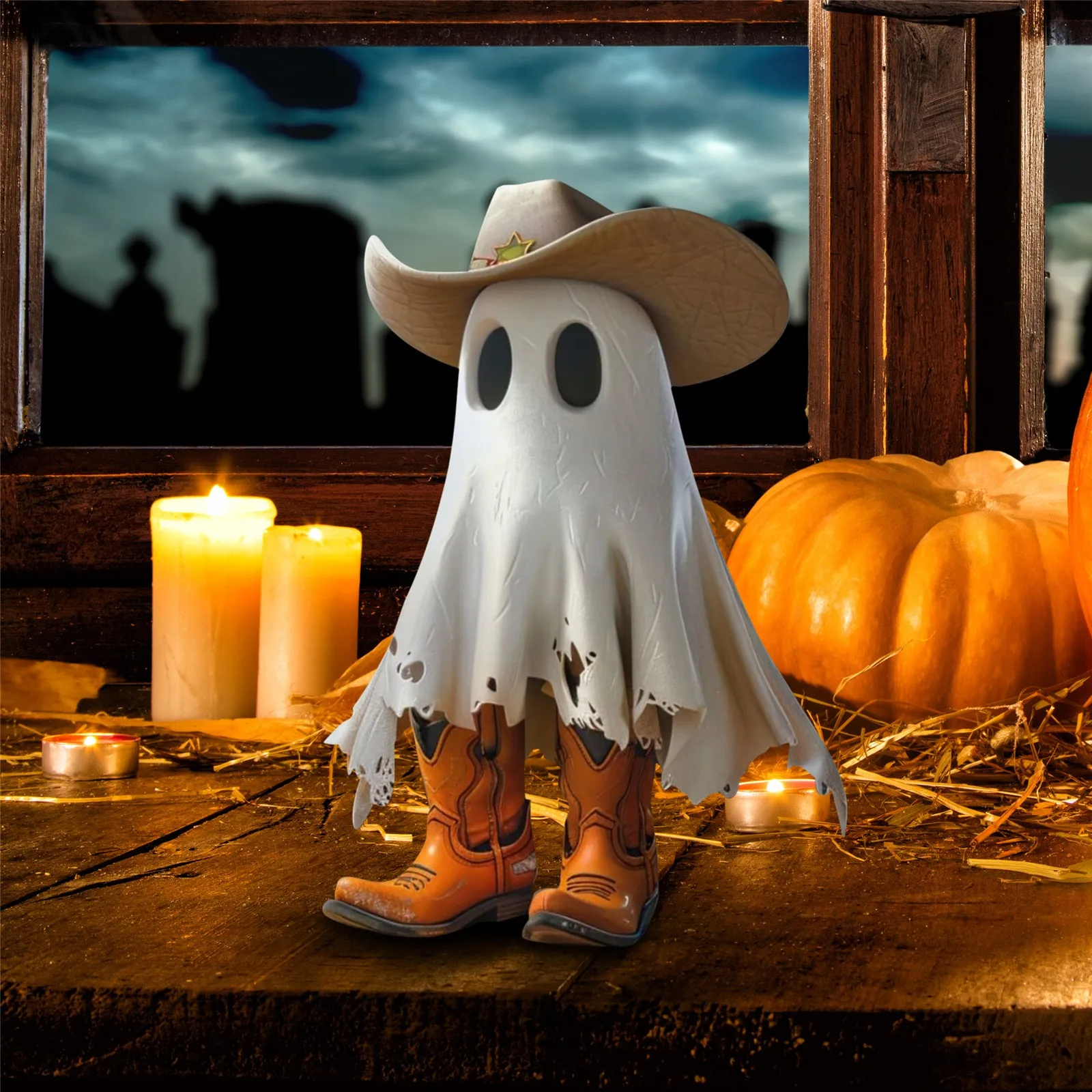 

Cute Resin Ghost Figurines Seasonal Charming Cowboy Fashion Statue Halloween Decorate Cowboy Ghost Home Tabletop Decoration