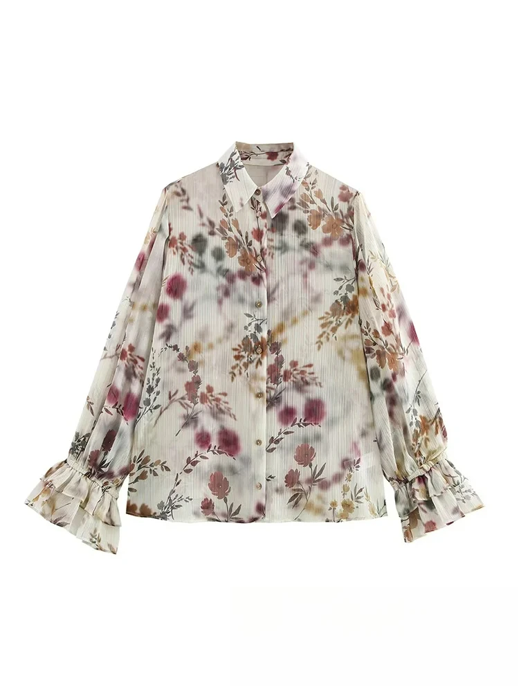 

KONDALA Women's Vintage Flower Print Casual Shirt Turn-down Collar Flare Sleeve Single-Breasted Blouse Fashion Summer Top