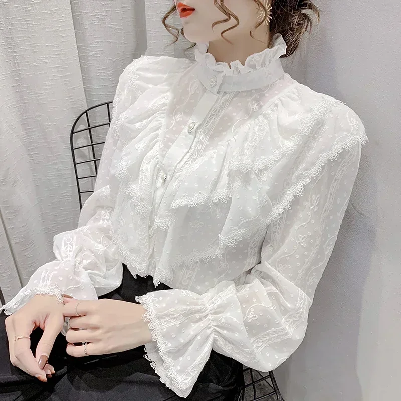 Spring Fashion  Long Sleeve Loose Button White Shirt Elegant Stand Collar Pleated Tops Casual Ruffle Lace Blouse Blusas 15832