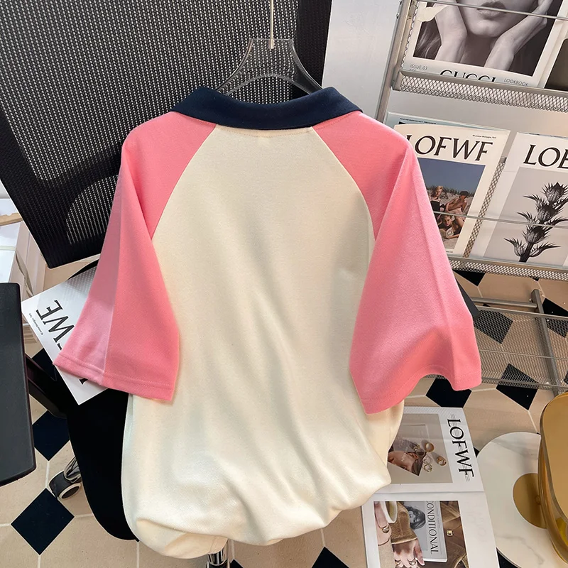 Polo Neck T-shirt Women's Short-sleeved Summer Loose Top Trendy Brand Midi Length Women Tshirts