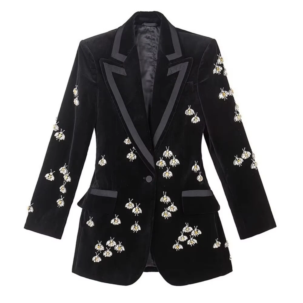 

Bee Diamond Studded Bead Design Velvet Blazer For Women Black High Waist Long Sleeve Causal Jackets Female Fashion New