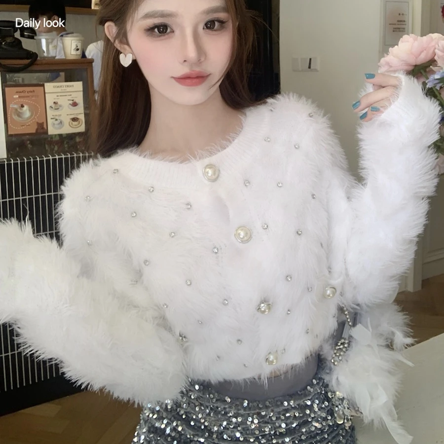 Diamond Long-sleeved White Pink Warm Sweater Women Autumn 2023 Plush Knitted Sweater Crop Cardigan Short Top Ropa De Mujer