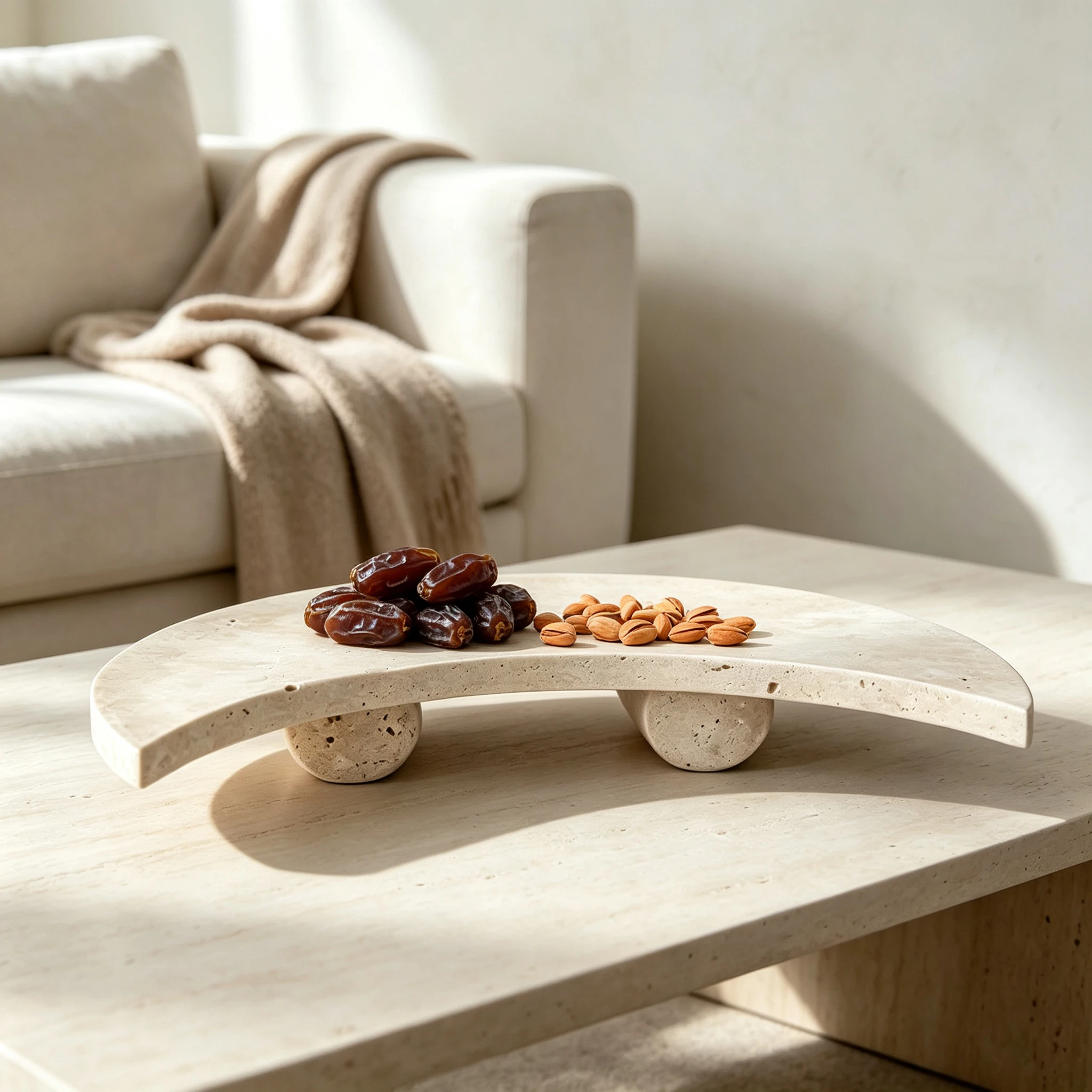 Travertine Crescent Moon Elevated Tray Natural Stone Decorative Tray for Jewelry Cosmetic Fruit Candle Home Bathroom Table Decor