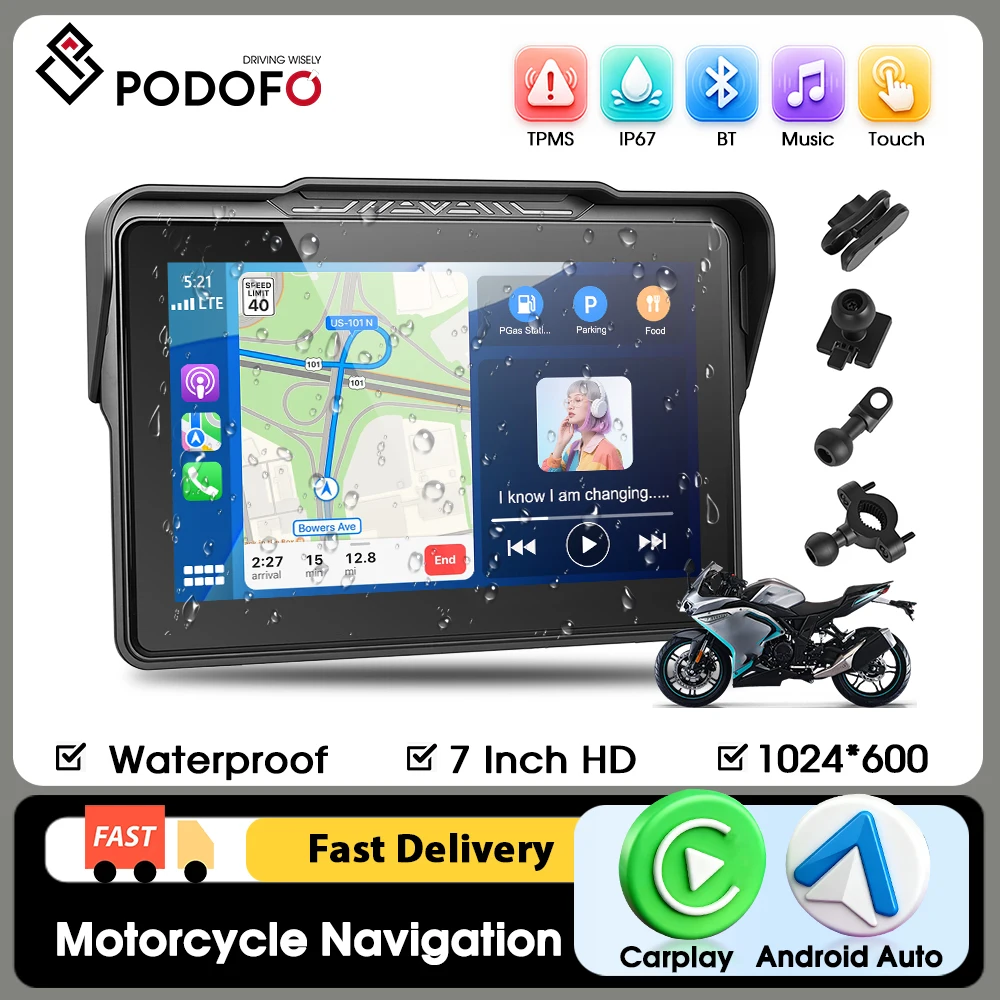 Podofo 7 Zoll IP67 Wasserdichter Tragbarer Smart-Multimedia-Player Kabelloses Carplay Android Auto Motorrad-Autodisplay für Motorräder und Autos Universell