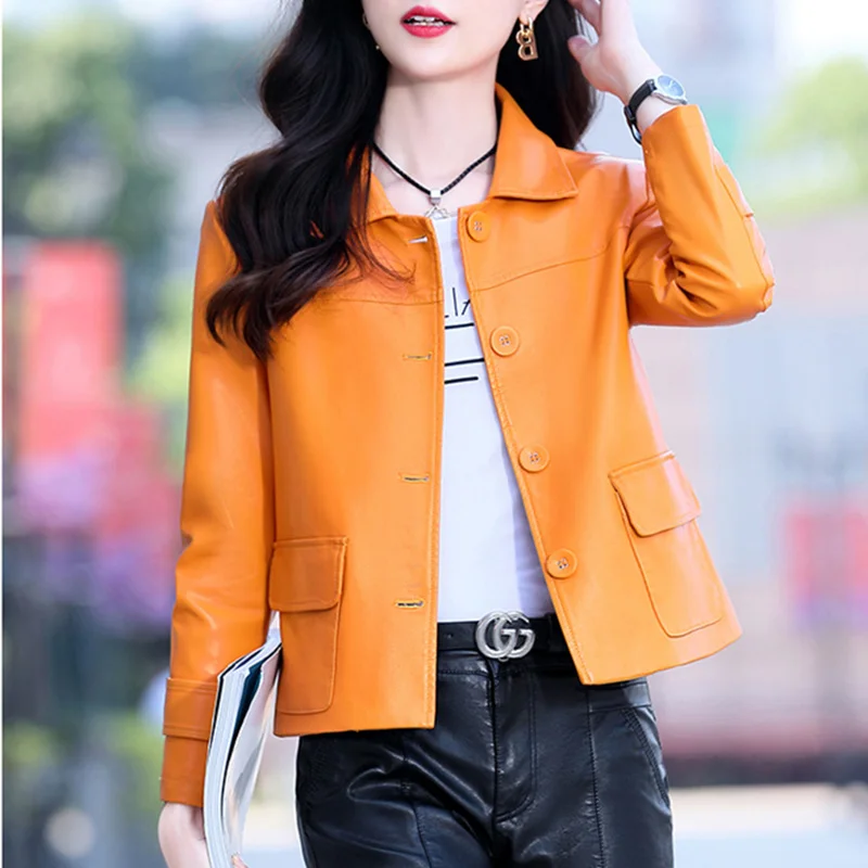 Spring Women's Short Leather Clothes and Autumn Casual Loose Single-Breasted Suit Lapel Office Lady Sheepskin Leather Jackets