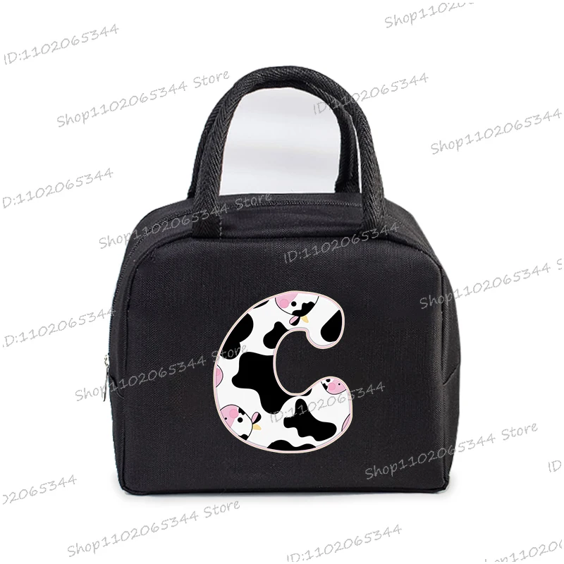 Cartoon Cow Alphabet Print Lunch Bags Women Kids Portable Picnic Drink Thermal Bag Student Surname Letter Food Lunch Handbags