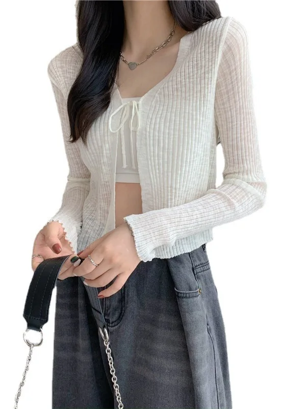 เสื้อคาร์ดิแกนไหมพรมถักทรงหลวม สไตล์ลำลอง สำหรับผู้หญิง สีพื้น คอวี แขนยาว มีเชือกผูก  สำหรับฤดูใบไม้ผลิ