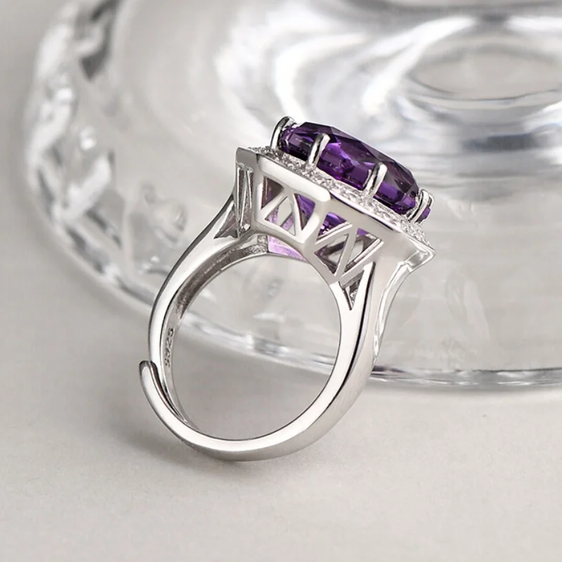 S925 Sterling Silver Charms Rings for Women New Fashion Tangent Plane Natural Amethyst Inlaid Micro Zircon Jewelry Free Shipping