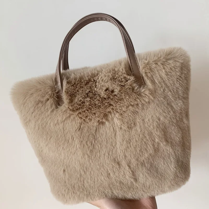 Faux Fur Bags for Women Luxury Designer Ladies Furry Handbags Winter Plush Female Shoulder Bag Small Tote Bag Clutch Solid Color