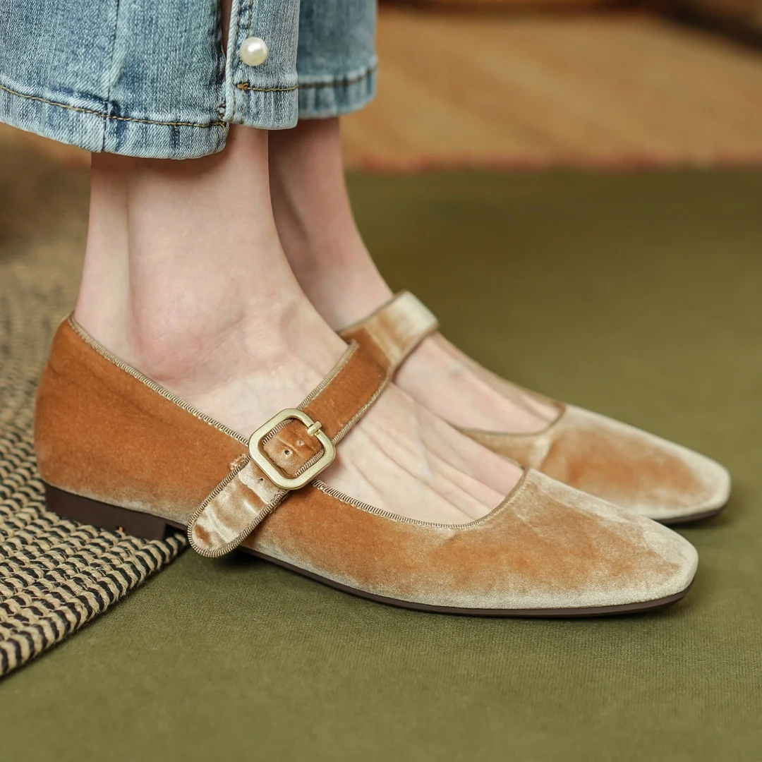 Women's velvet Mary Jane flats square toe leisure soft comfortable ballerinas casual daily espadrilles shoes for woman 2024 new