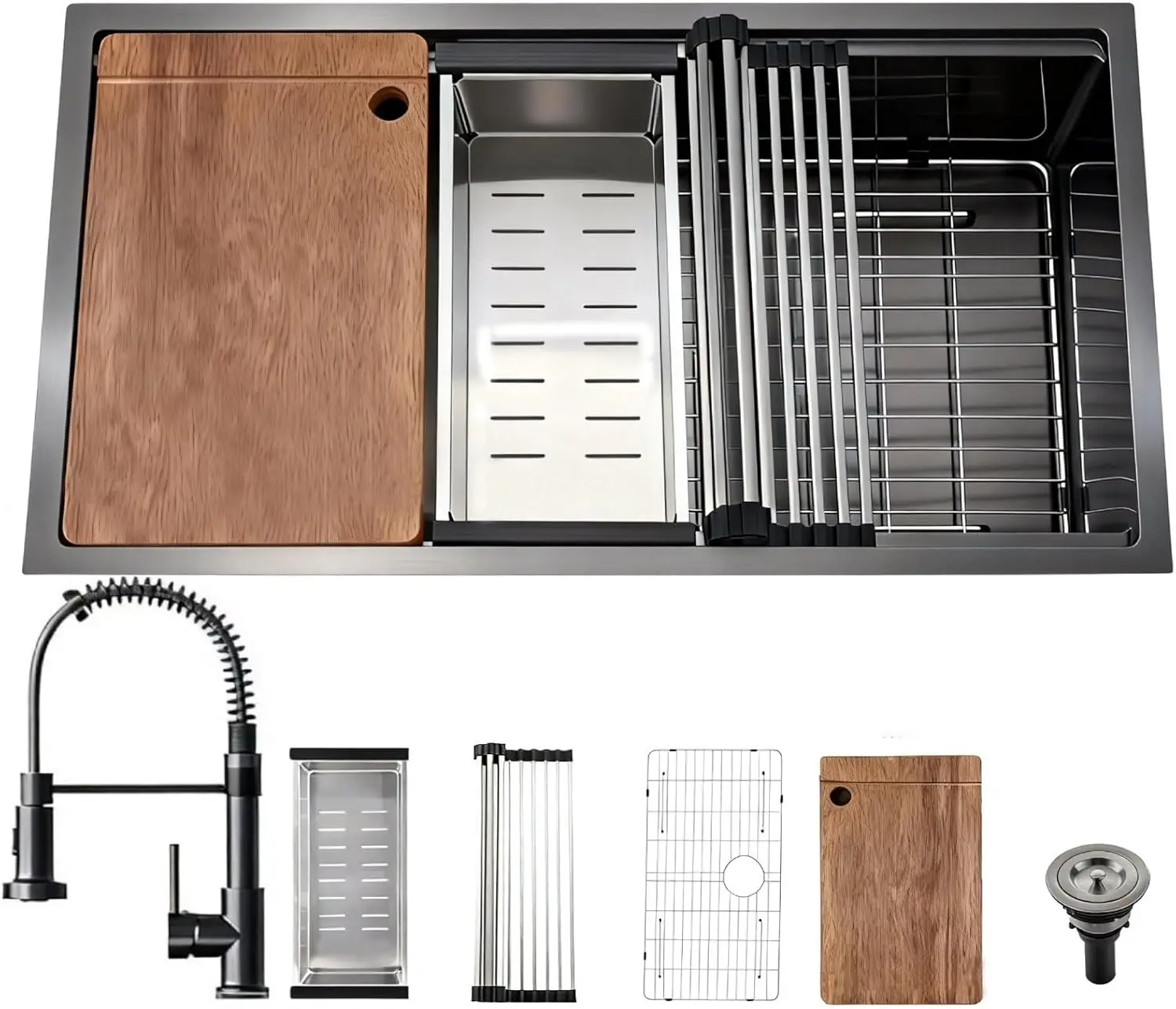 

30-дюймовая черная раковина из нержавеющей стали для фермерского дома со смесителем и аксессуарами, одинарная чаша для крепления, конструкция с шумоподавлением