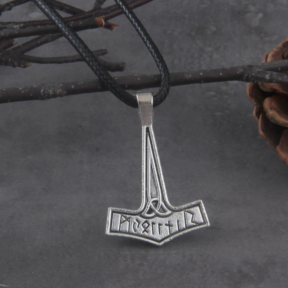 dropshiping Viking Jewelry antique silver color rune thor hammer pendant necklace with cotton necklace chain