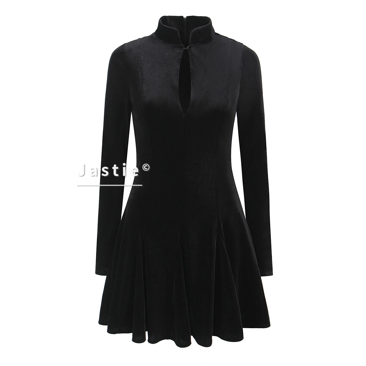 Mini abito a maniche lunghe in velluto nero con buco della serratura, colletto alla coreana, abiti da sera svasati pieghettati, abiti eleganti da donna sexy