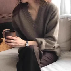 Women's Autumn Winter V-Neck Cashmere Sweater 100% Pure Mountain Thick Short Pullover Loose Knit Long Sleeve Bottoming Shirt