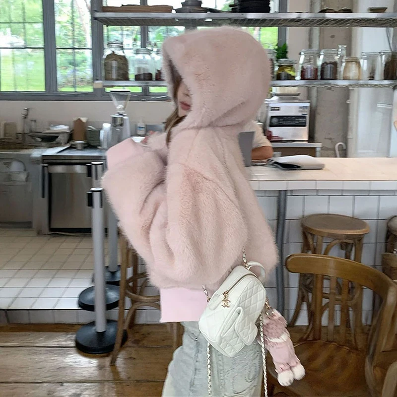 MEXZT Kawaii الوردي هوديس المرأة Harajuku Cutecore اقتصاص الصوف قمصان سويت شيرت بقلنسوة الشتاء موضة الشارع الشهير سستة جاكيتات جديد