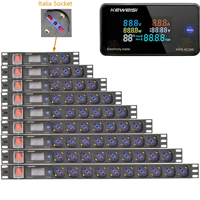 Cabinet PDU Power Strip 3Pin Italian socket Digital Voltmeter Ammeter power tester 2/3/4/5/6/7/8/9 Ways Outelts Italian plug