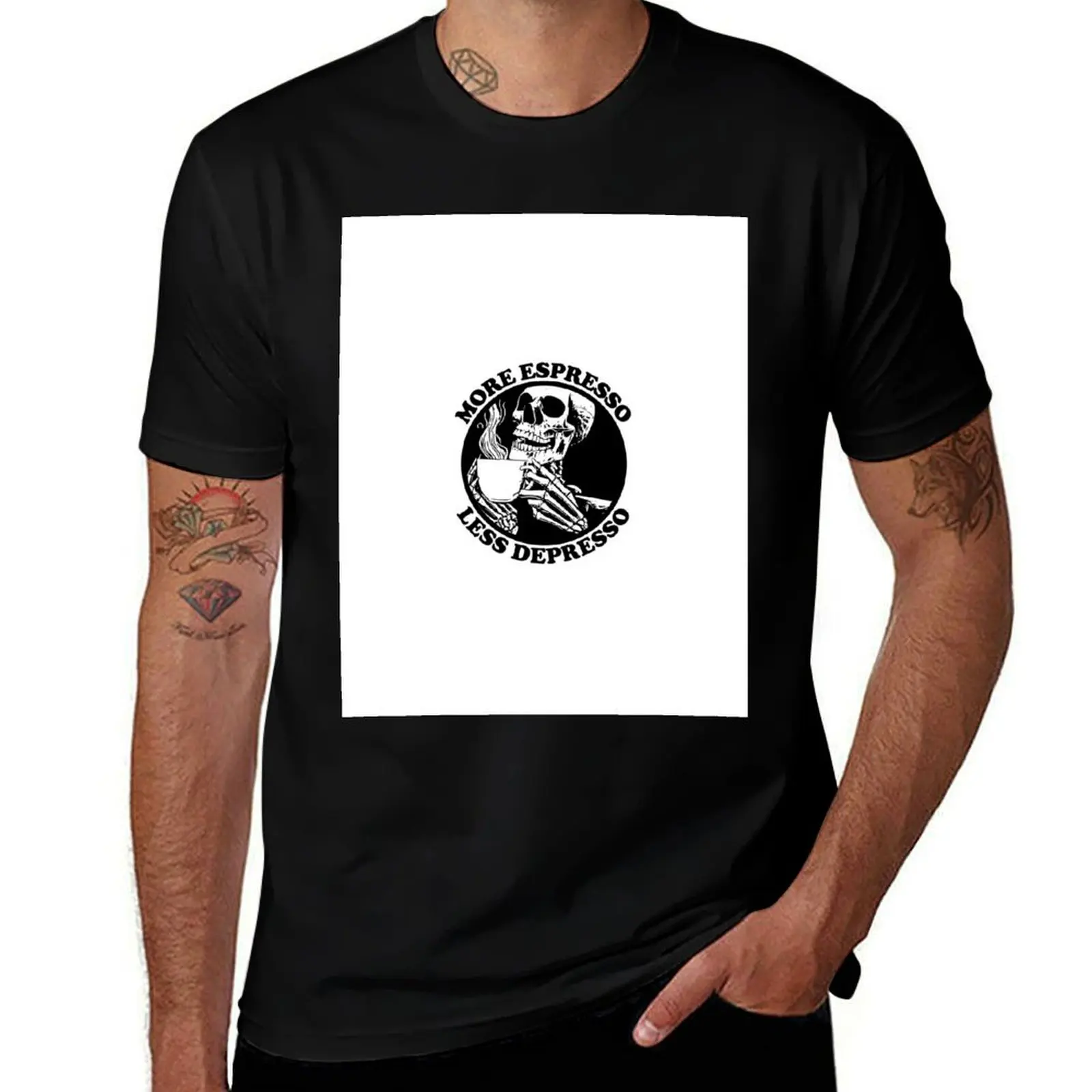 More Espresso Less Depresso, Skeleton Drinking Coffee, Black T-Shirt t shirts with prints T-Shirt