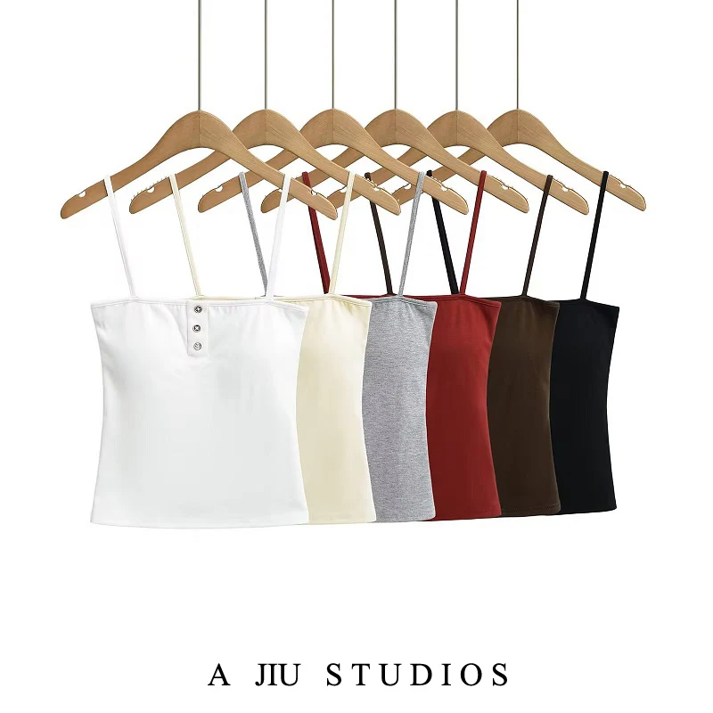 

Pure Desire Metal Bule Trim Slim Fit Tank Top Women Summer Spicy Inner Wear Flat Mouth Vest irt Street Sle ort C...