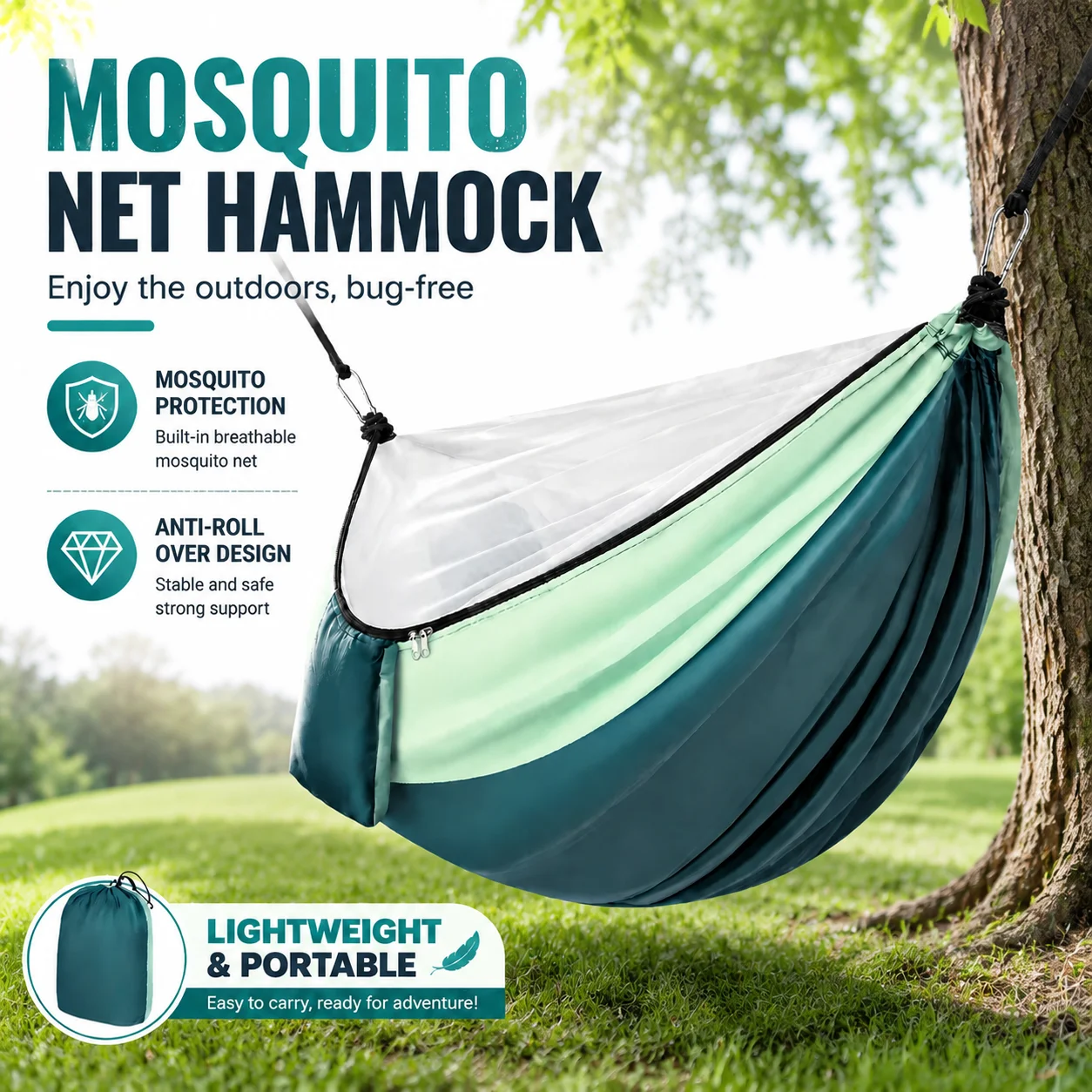 2-In-1 Camping Hammock With Mosquito Net 3m Straps and Carabiner Storage Bag Anti-Tilt-Over Outdoor Leisure Swing for Adults