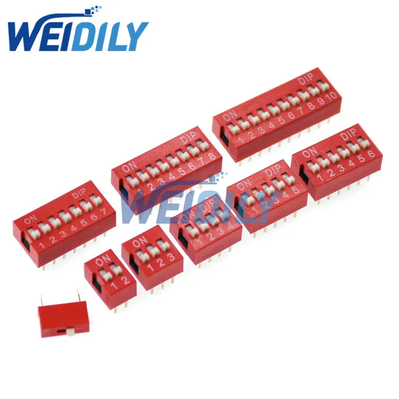 5PCS Slide Type Switch 2 Row 1 2 3 4 5 6 7 8 10 Bit Positions 2.54mm Pitch DIP Toggle Switch Red Snap Switch