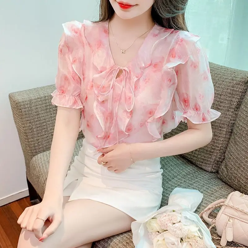 

Floral V-neck Chiffon Top for Women's Thin Short-Sleeve Printed Small Shirt Fairy Top Sweet