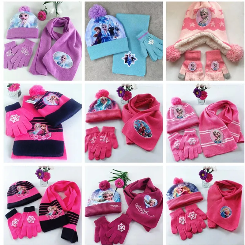 

New Autumn Winter Children Hat Elsa Classics Disney Princess Cartoon Cap Scarf Hat Glove Warm knitted hat Girl Christmas Hat