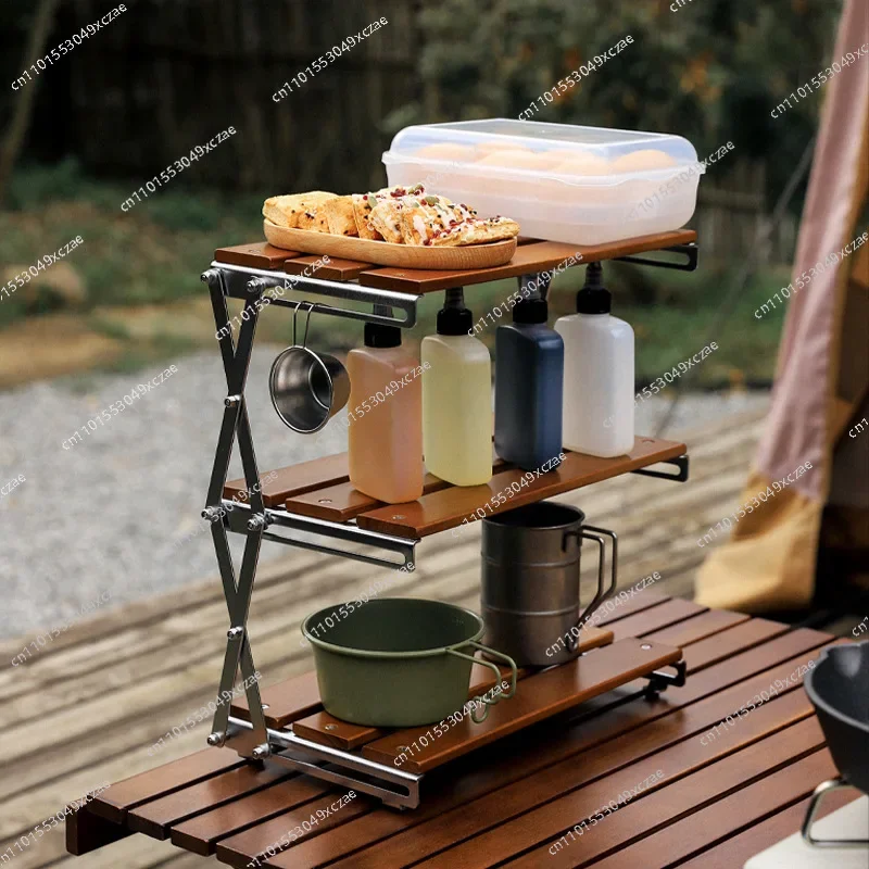 

Outdoor camping three-layer rack solid wood foldable portable camping folding table multi-layer multi-functional storage rack