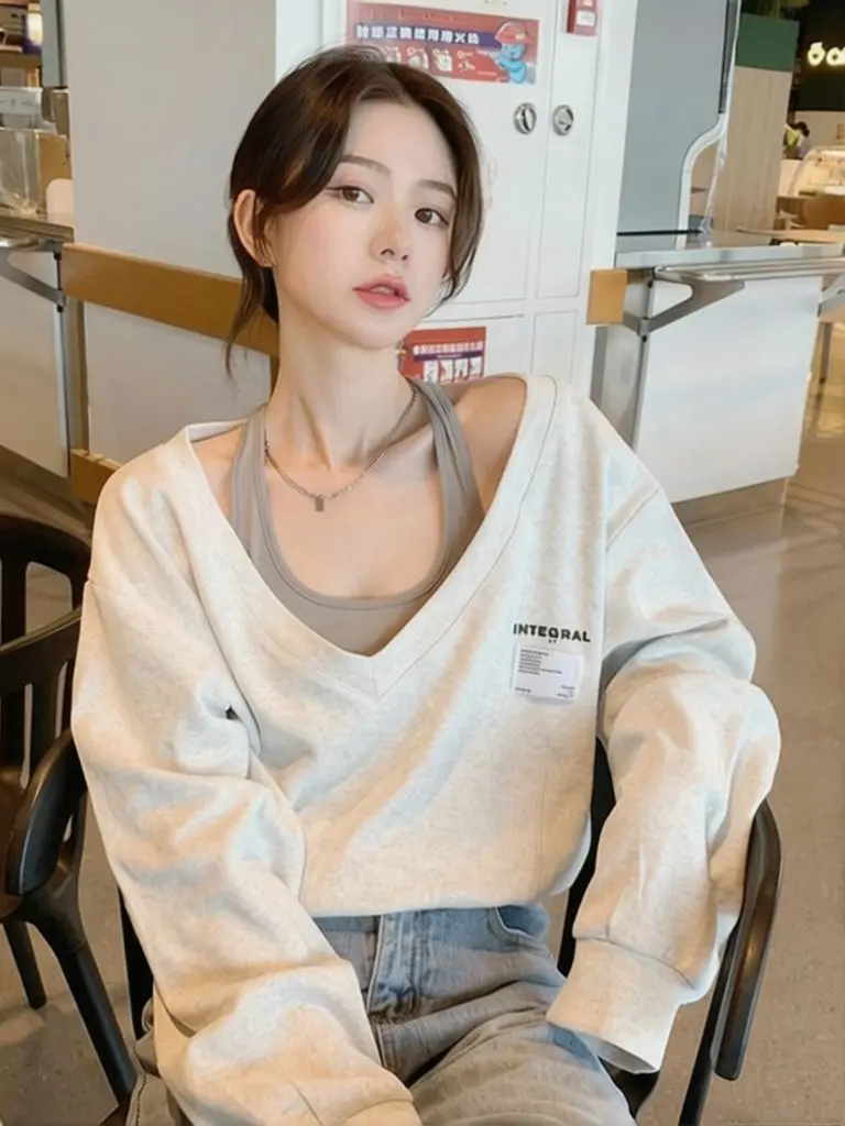 Fake Two Piece Designer Oversize Sweatshirt Off Shoulder Tops Women Cozy Long Sleeve Oversized Sweatshirt Cropped Hoodie