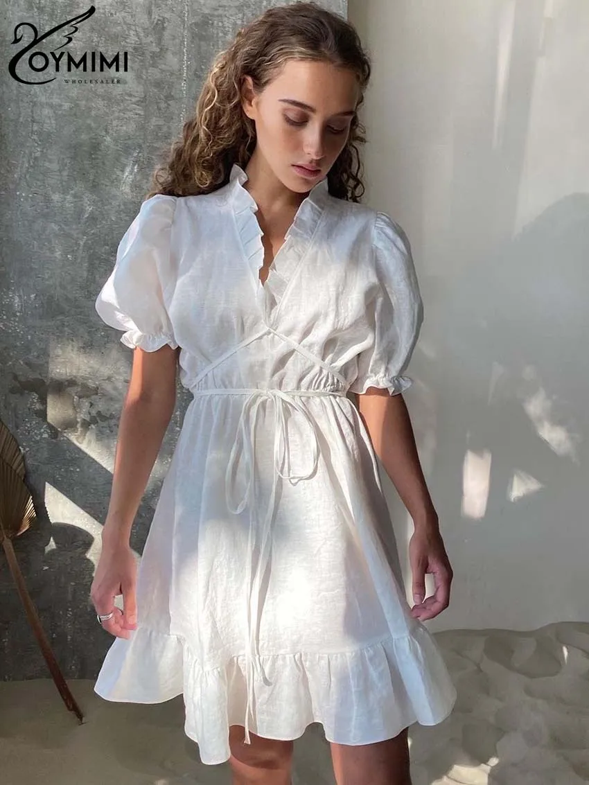 

Oymimi Fashion White Cotton Women's Dress Elegant Short Sleeve Lace-Up V-Neck Dresses Summer New Loose Mini Dresses Streetwear