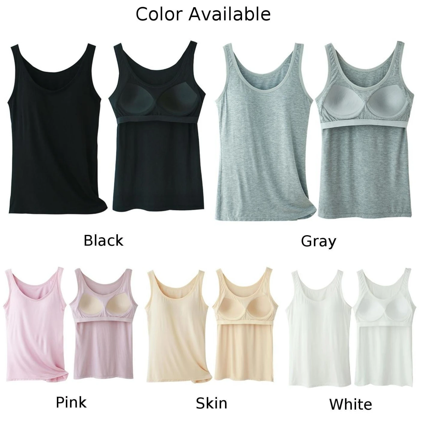 Slim fit Women\'s Tank Tops with Built in Bra Soft Camisoles for Ladies Padded Vest Shirt (White/Gray/Black/Skin/Pink)