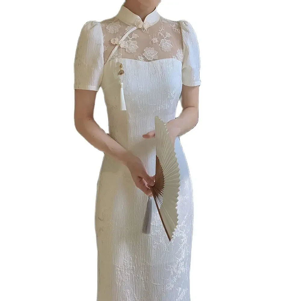 

2024 Women Beige Long Cheongsam Lace Transparent Floral Vintage Dress Wedding Costumes Traditional Short Qipao Modern Cheongsam