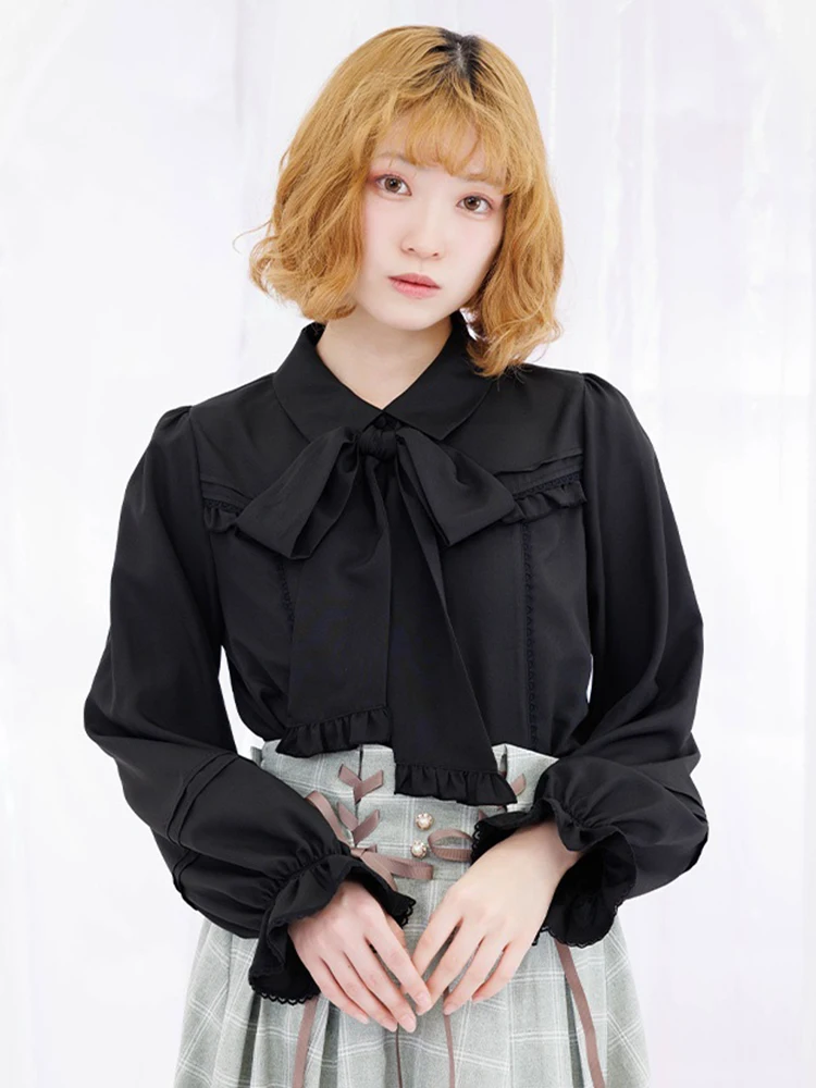 

Милая девичья блузка с длинными рукавами, бантом и плиссировкой, из дышащего полиэстера, для повседневной носки, серия CI9XP