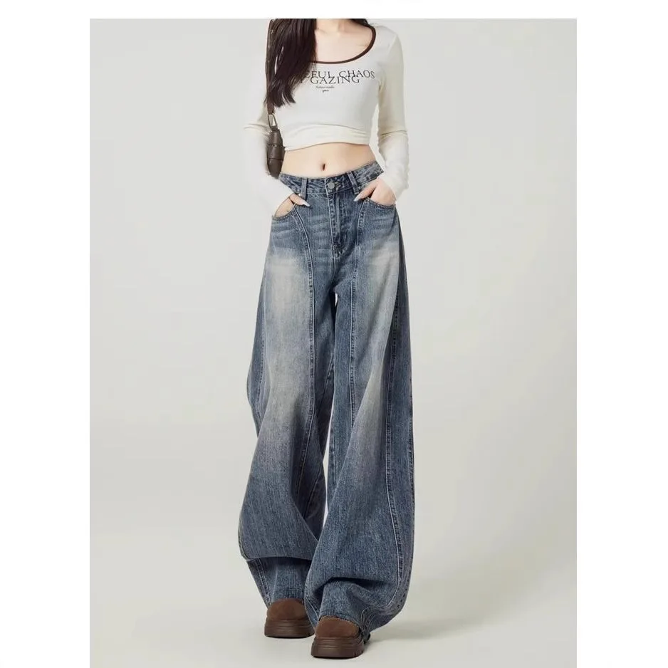 

Vintage Blue Street Loose Wide-Leg Jeans For Women 2025 Spring Summer American Style High Waist Draped Scimitar Pants