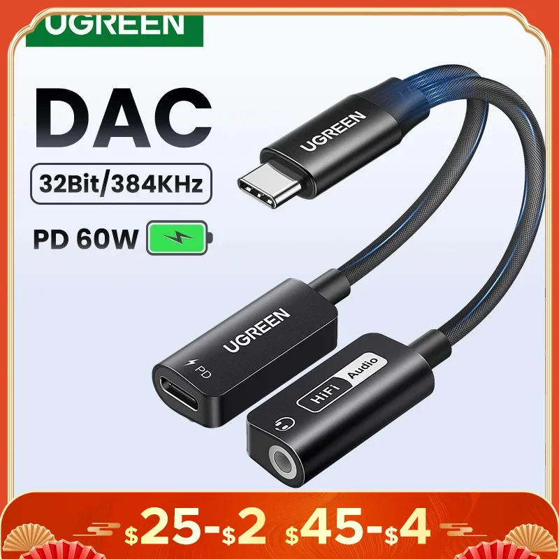 UGREEN USB Sound Card Type C to 3.5mm AUX Cable Adapter Earphone Converter DAC Chip PD QC Charging Sound Card for Headset