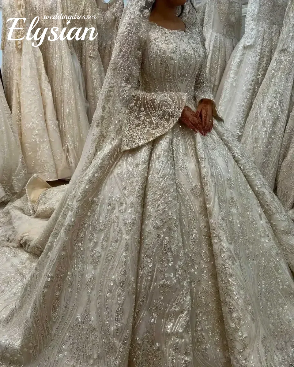 맞춤 무슬림 웨딩드레스 신부용 스팽글 비즈 장식 볼 가운 중동 신부 드레스 공주 긴팔 웨딩드레스