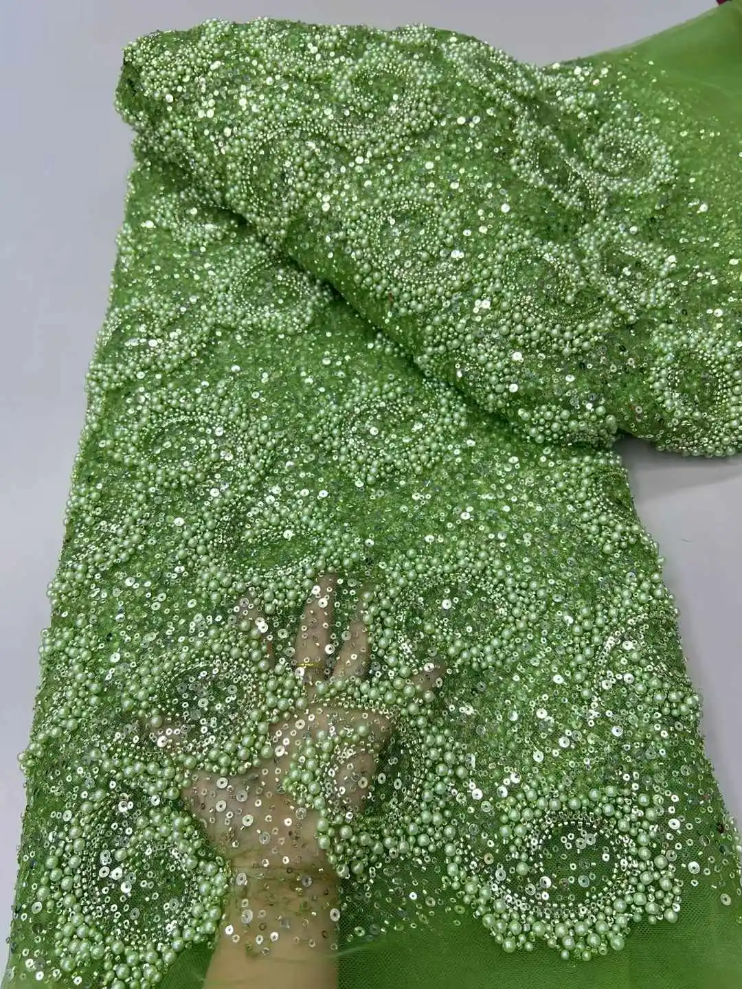 Luxury Hand Beaded Lace Fabric Bridal Fabric  Fabrics French Nigerian Sequins Beads Embroidered 5 Yards For Wedding Dress