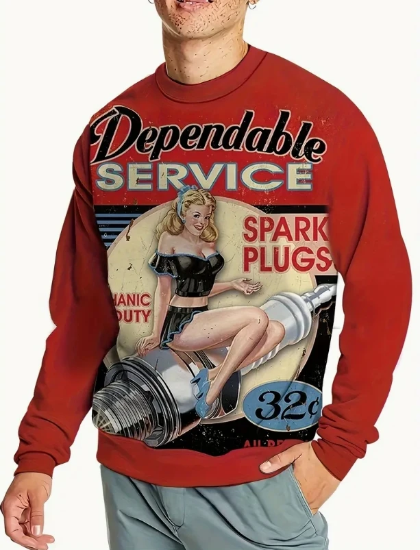 autumn hoodie men's loose and fashionable printed sweater plus size long sleeved top casual retro trend round neck shirt