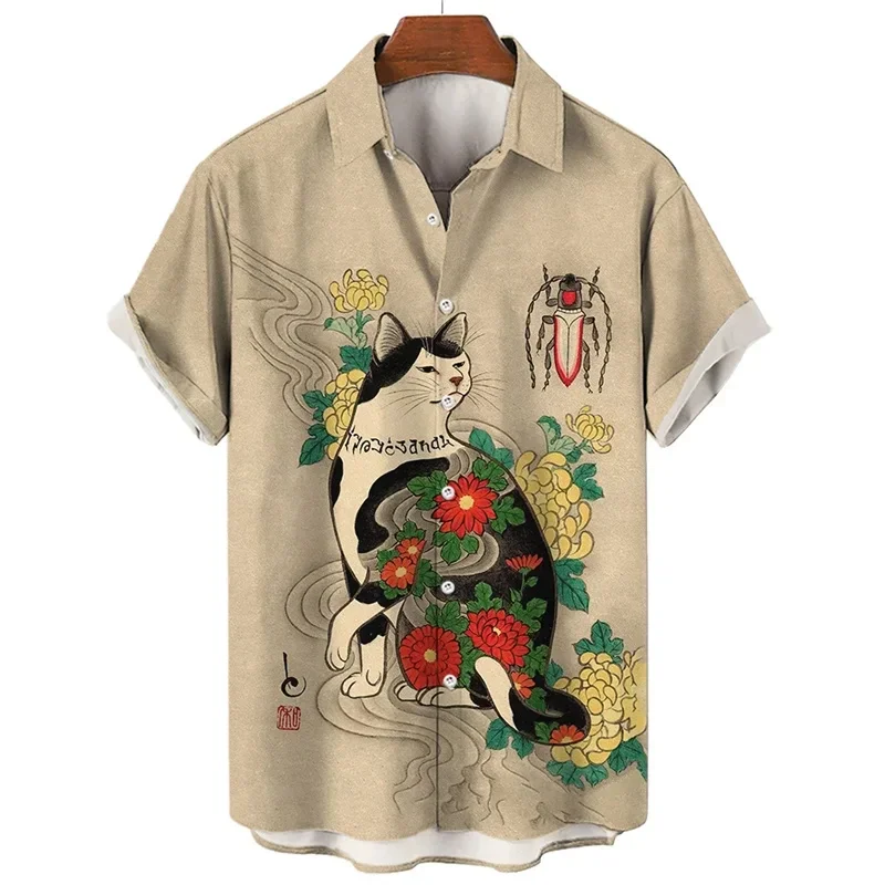 New Style Men\'s Hawaiian Shirts 3D Prints Vintage Cool Samurai Cat Graprhics Shirts Harajuku Men\'s Short Sleeve Tee Tops Summer