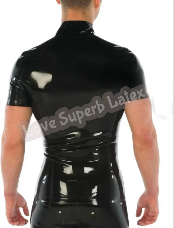 100% 수제 남성 고무 천연 라텍스 하이 칼라 프론트 지퍼와 해왕성 버클 반소매 셔츠 남성용 라텍스 탑