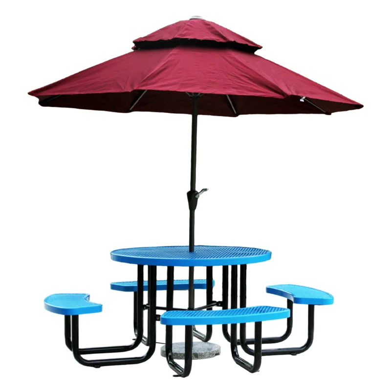 Outdoor furniture commercial 8-seat round steel picnic table restaurant metal dining table and chair set with umbrella hole