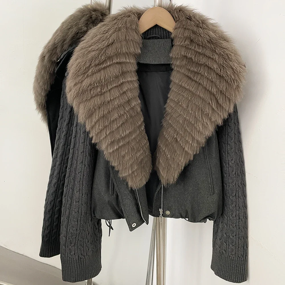 OFTBUY 90 White Duck Down Jacket Cable Knit Sleeve Zipper Drawstring Hem Cropped Coat Women Winter Real Layered Fox Fur Collar
